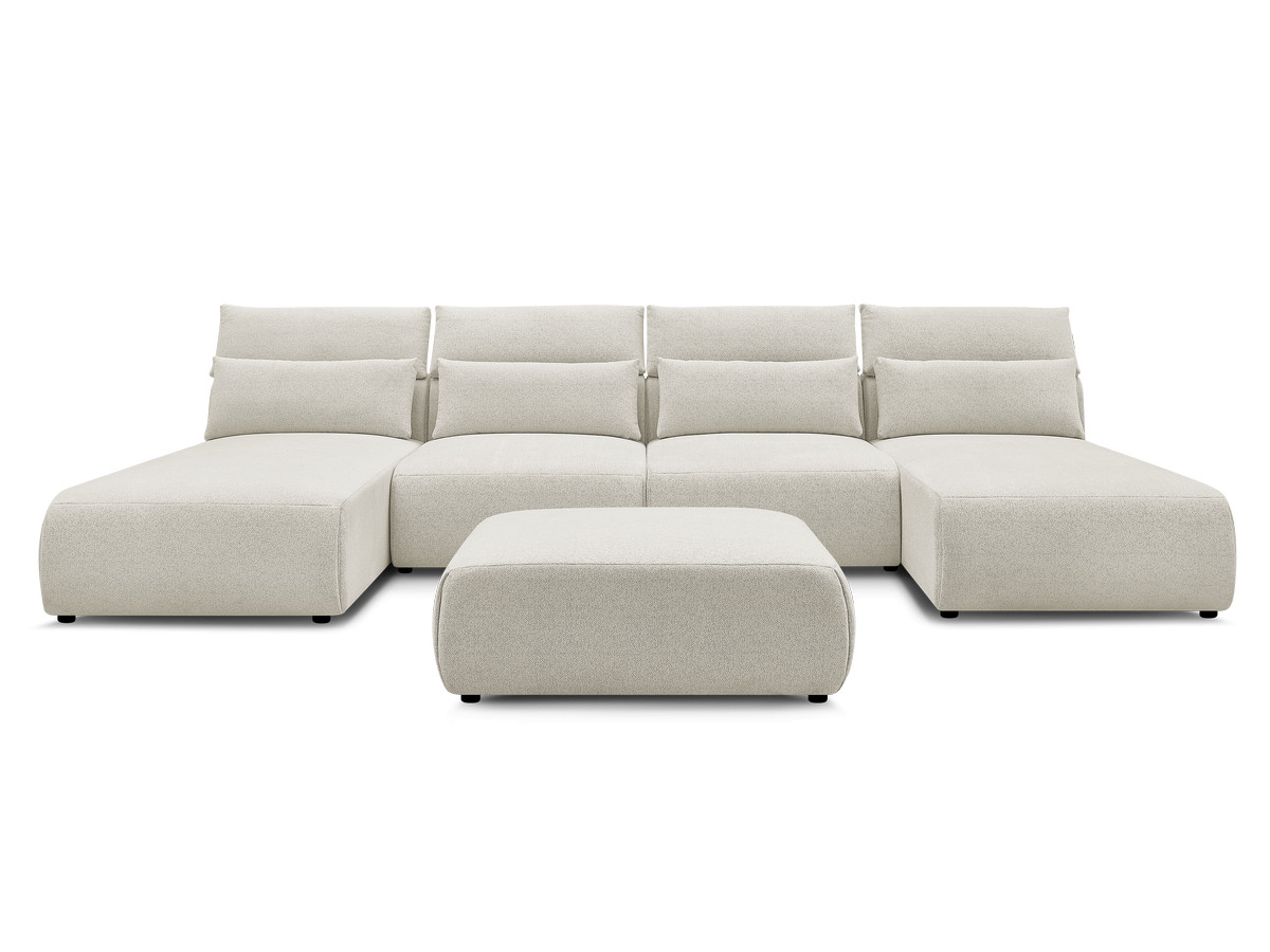 Modulaire vaste panoramabank met hoofdsteunen JANA gemêleerde stof met 2 chaise longues, 2 fauteuils en 1 grote poef