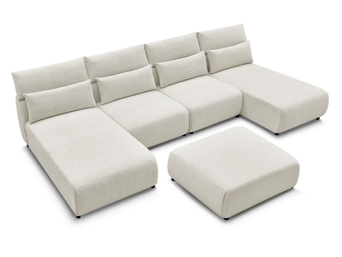 Modulaire vaste panoramabank met hoofdsteunen JANA gemêleerde stof met 2 chaise longues, 2 fauteuils en 1 grote poef