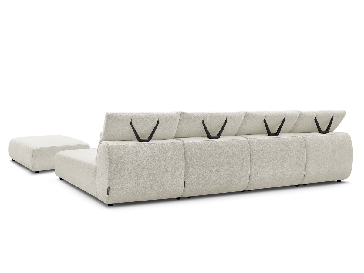 Modulaire vaste panoramabank met hoofdsteunen JANA gemêleerde stof met 2 chaise longues, 2 fauteuils en 1 grote poef