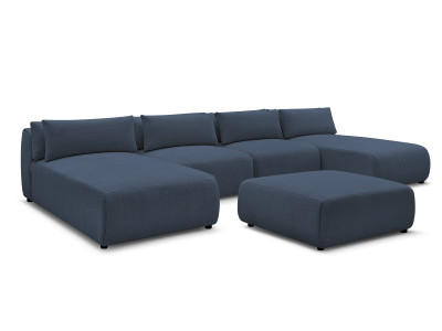 Canapé panoramique fixe modulable avec têtières JANA tissu chiné avec 2 méridiennes, 2 chauffeuses et 1 grand pouf