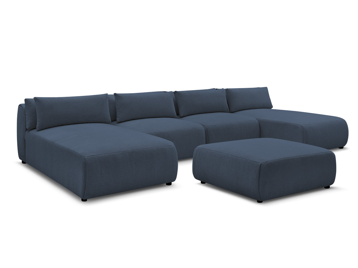 modulaire vaste panoramabank met hoofdsteunen jana gemêleerde stof met 2 chaise longues, 2 fauteuils en 1 grote poef gekleurd blauw