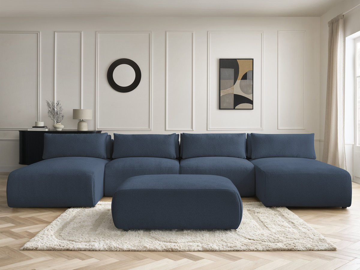 Modulaire vaste panoramabank met hoofdsteunen JANA gemêleerde stof met 2 chaise longues, 2 fauteuils en 1 grote poef