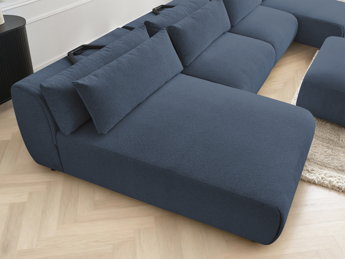 Modulaire vaste panoramabank met hoofdsteunen JANA gemêleerde stof met 2 chaise longues, 2 fauteuils en 1 grote poef