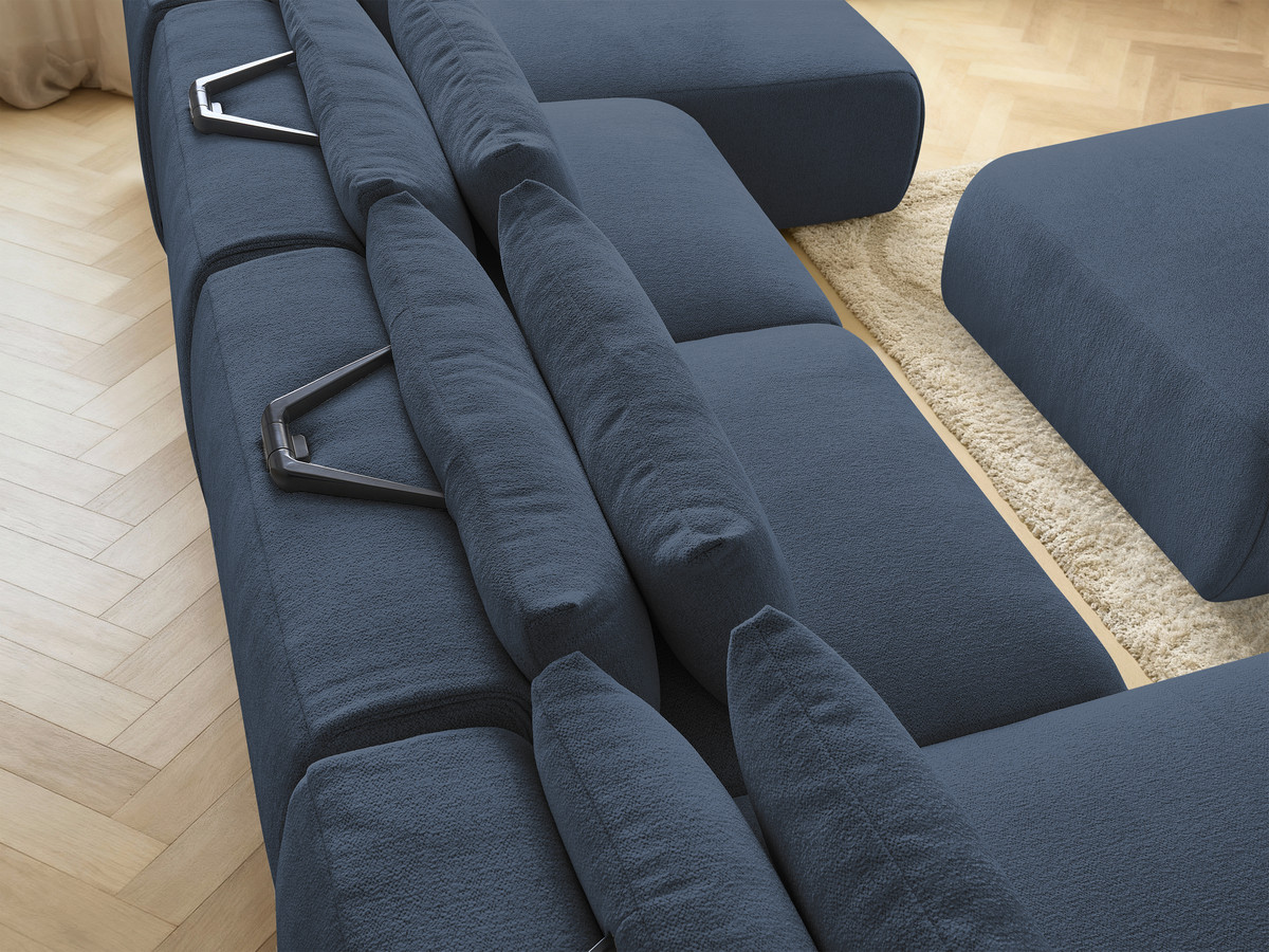 Modulaire vaste panoramabank met hoofdsteunen JANA gemêleerde stof met 2 chaise longues, 2 fauteuils en 1 grote poef