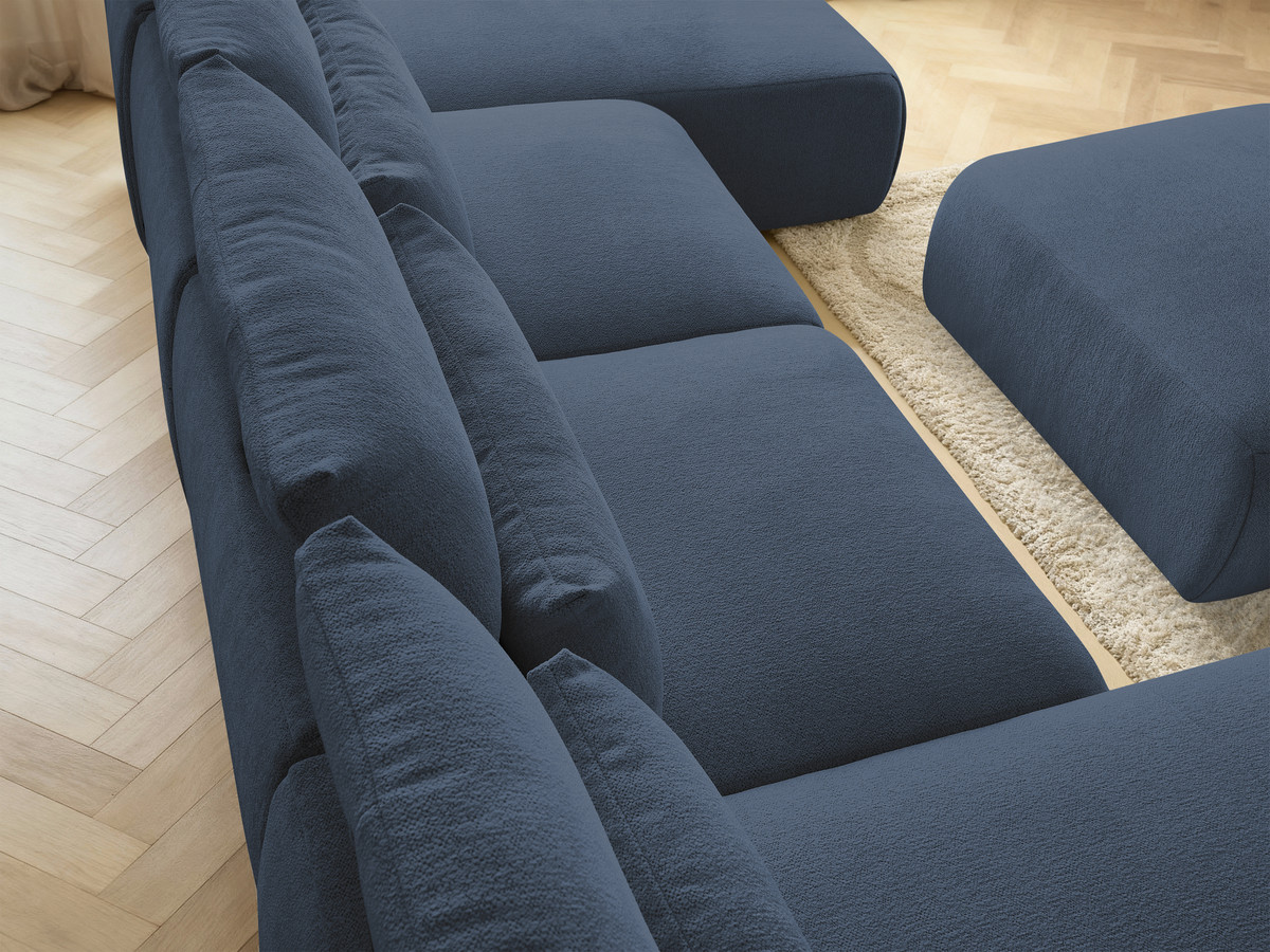 Modulaire vaste panoramabank met hoofdsteunen JANA gemêleerde stof met 2 chaise longues, 2 fauteuils en 1 grote poef