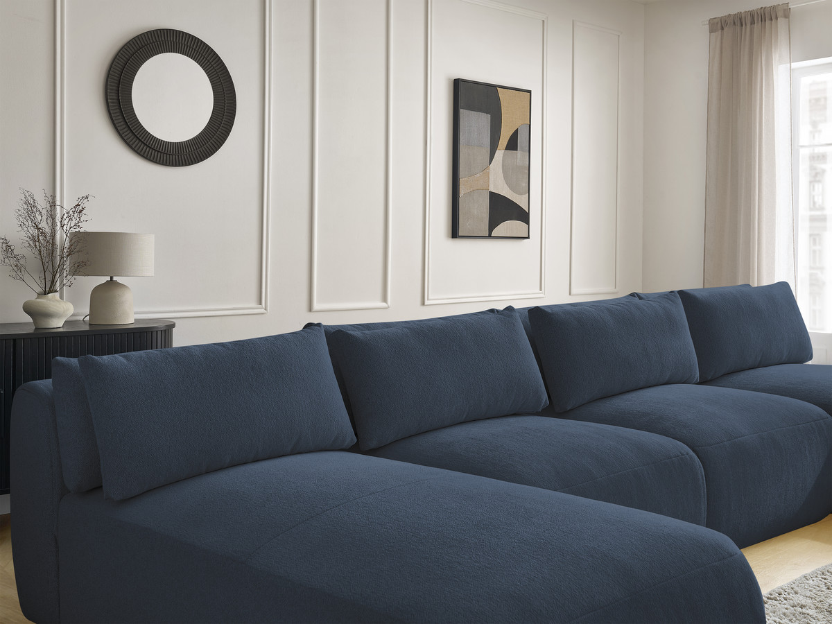 Modulaire vaste panoramabank met hoofdsteunen JANA gemêleerde stof met 2 chaise longues, 2 fauteuils en 1 grote poef