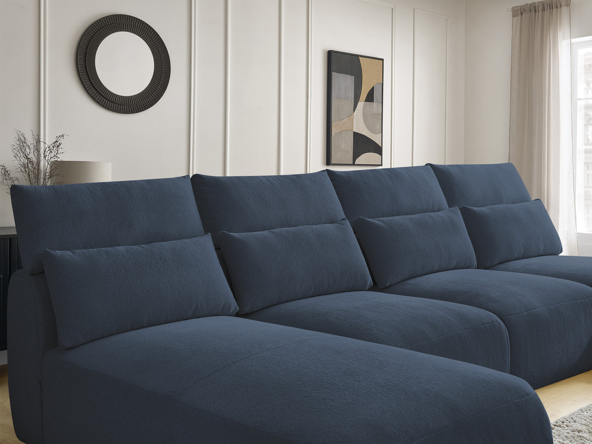 Modulaire vaste panoramabank met hoofdsteunen JANA gemêleerde stof met 2 chaise longues, 2 fauteuils en 1 grote poef