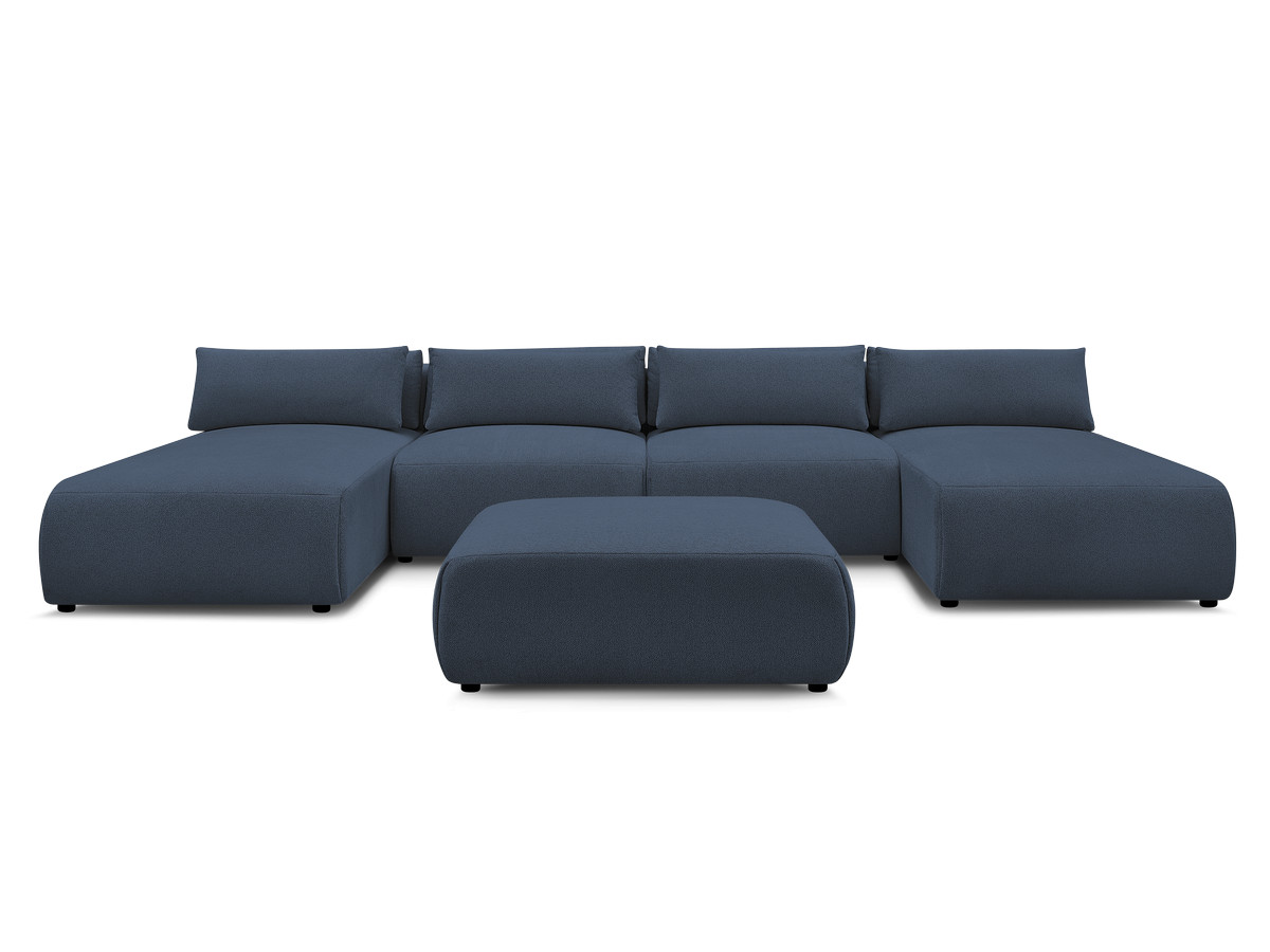 Modulaire vaste panoramabank met hoofdsteunen JANA gemêleerde stof met 2 chaise longues, 2 fauteuils en 1 grote poef