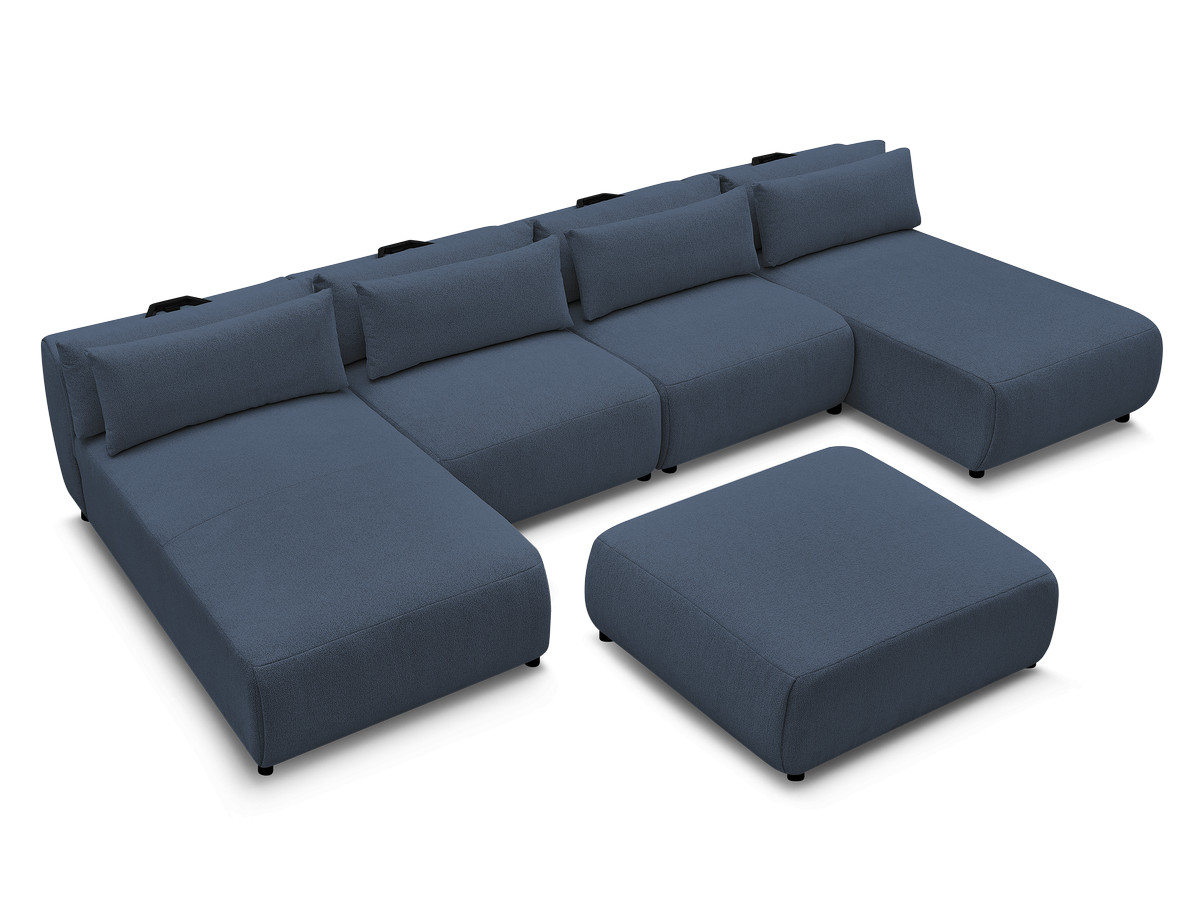 Modulaire vaste panoramabank met hoofdsteunen JANA gemêleerde stof met 2 chaise longues, 2 fauteuils en 1 grote poef