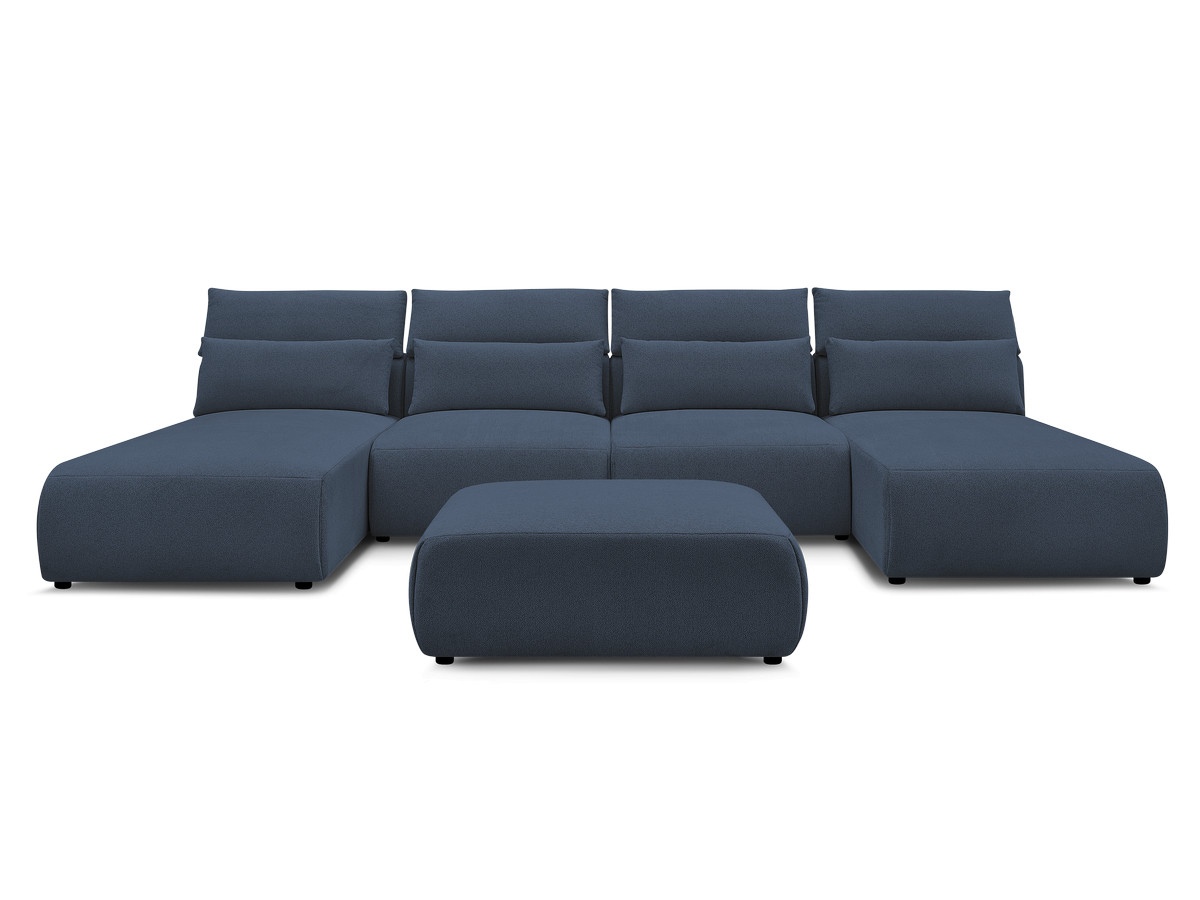 Modulaire vaste panoramabank met hoofdsteunen JANA gemêleerde stof met 2 chaise longues, 2 fauteuils en 1 grote poef