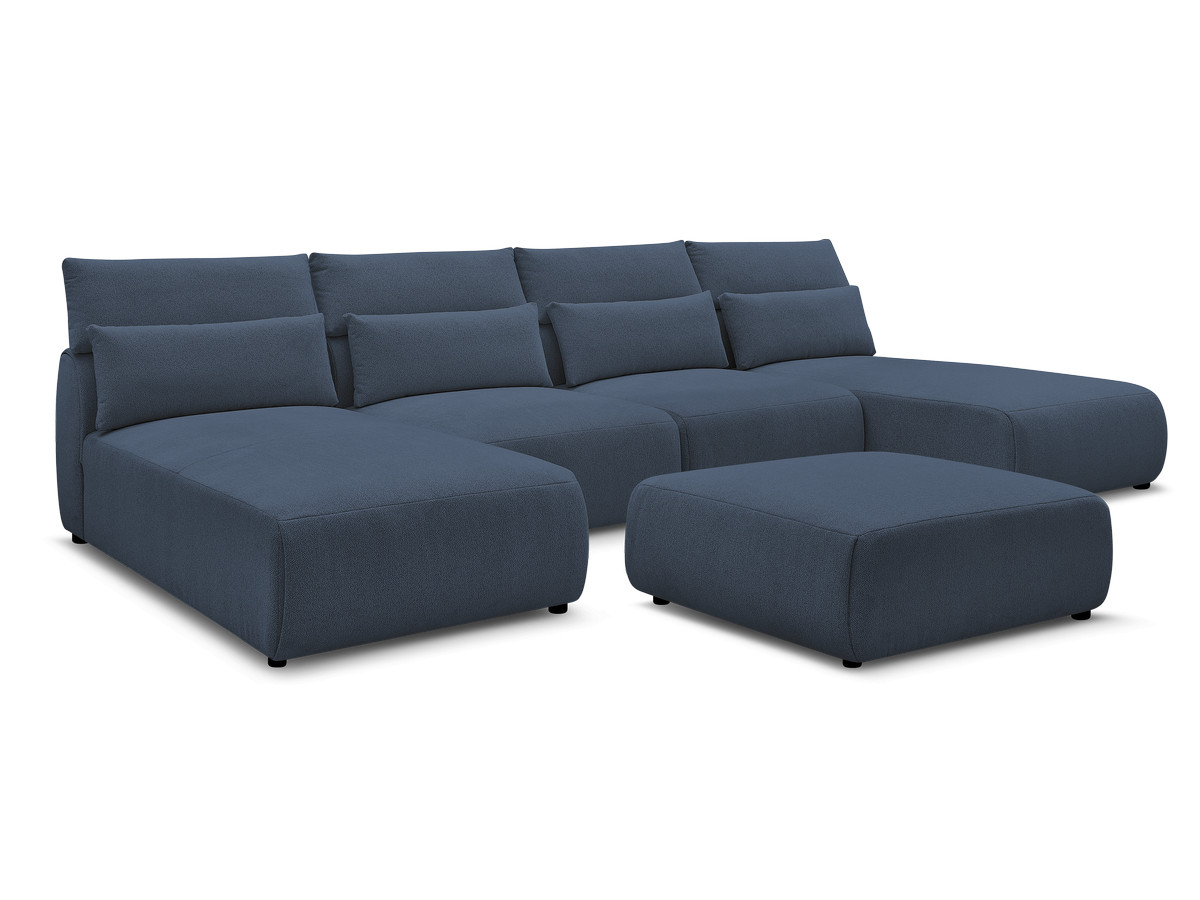 Modulaire vaste panoramabank met hoofdsteunen JANA gemêleerde stof met 2 chaise longues, 2 fauteuils en 1 grote poef