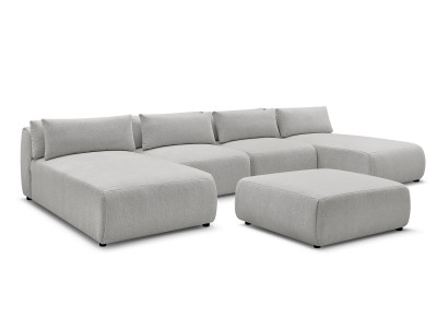 Canapé panoramique fixe modulable avec têtières JANA tissu chiné avec 2 méridiennes, 2 chauffeuses et 1 grand pouf