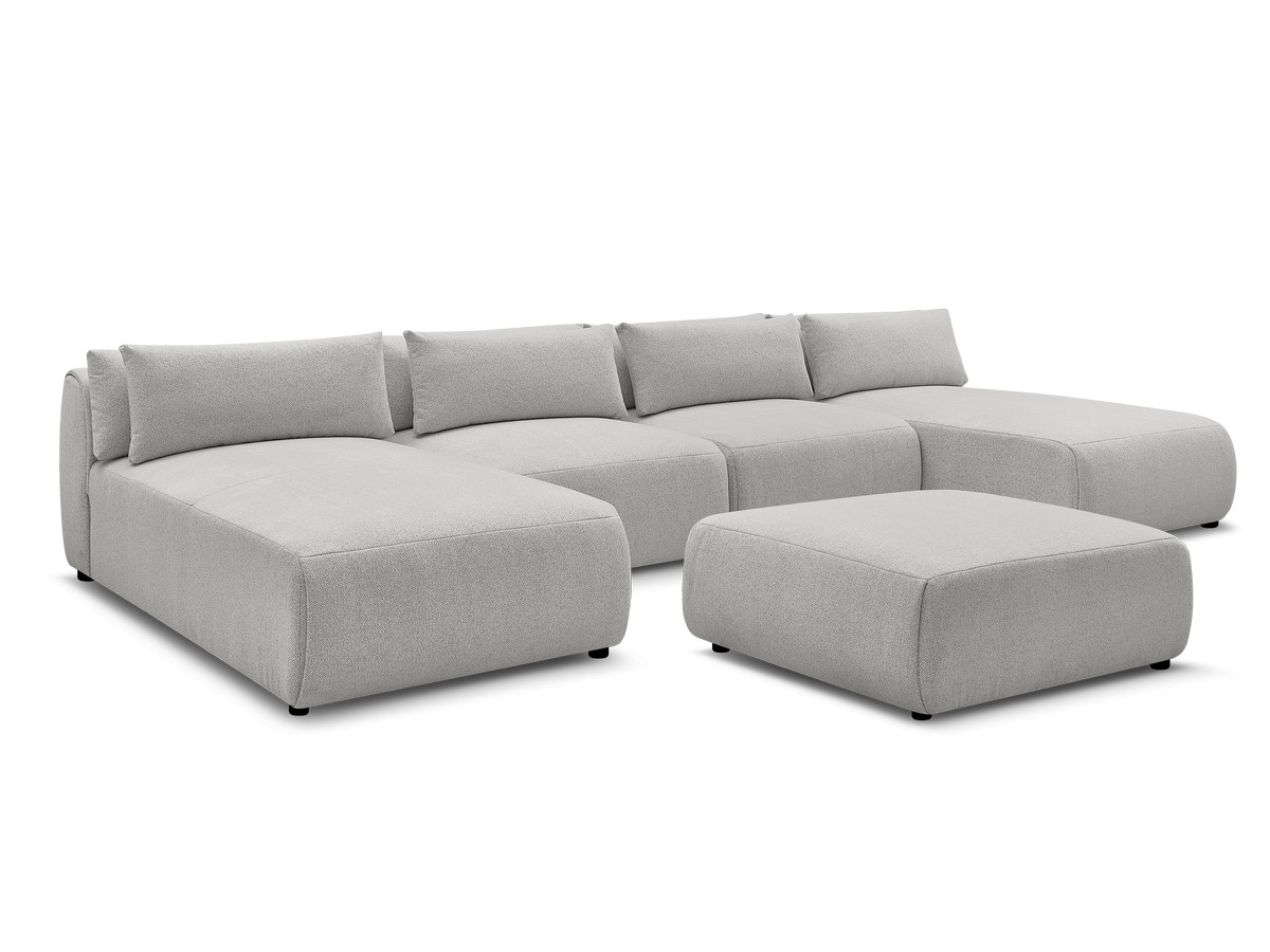 Modulaire vaste panoramabank met hoofdsteunen JANA gemêleerde stof met 2 chaise longues, 2 fauteuils en 1 grote poef