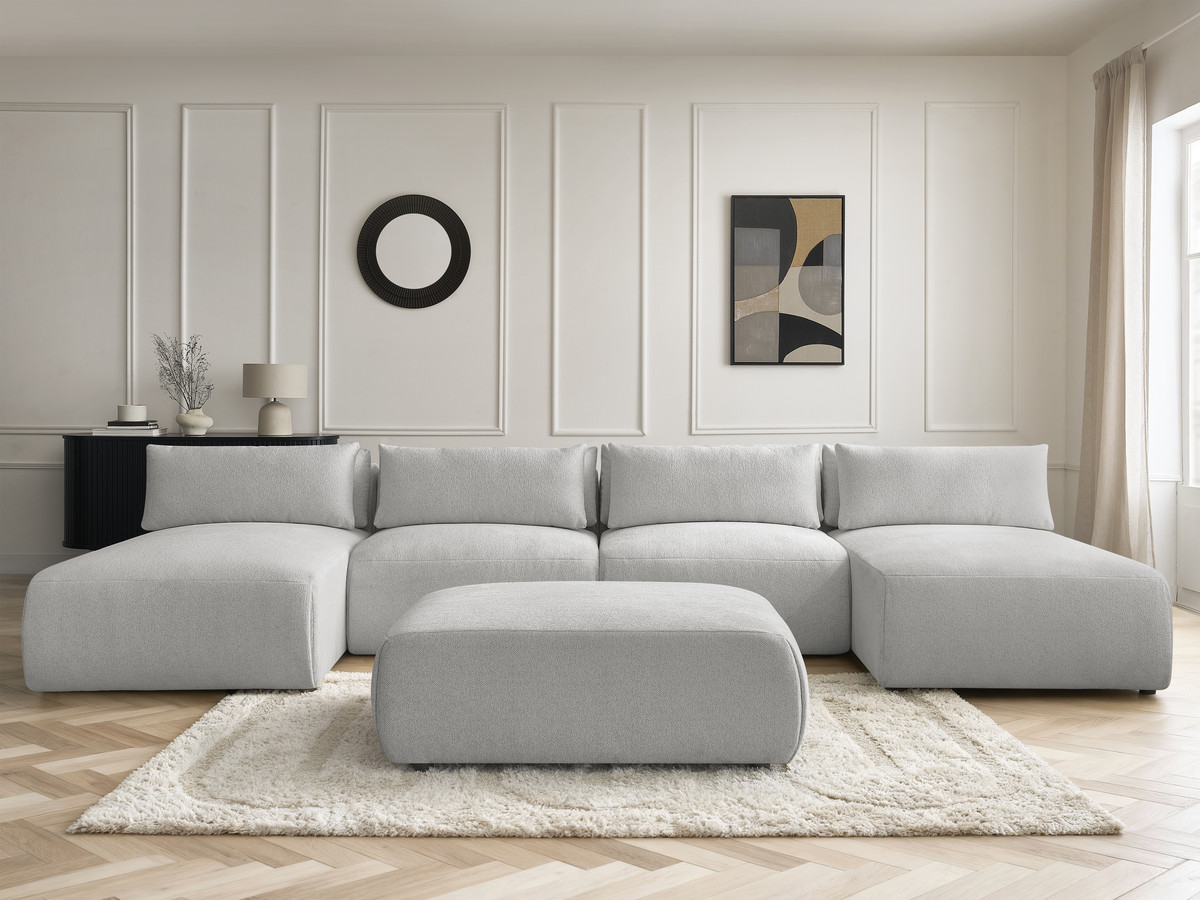 Modulaire vaste panoramabank met hoofdsteunen JANA gemêleerde stof met 2 chaise longues, 2 fauteuils en 1 grote poef