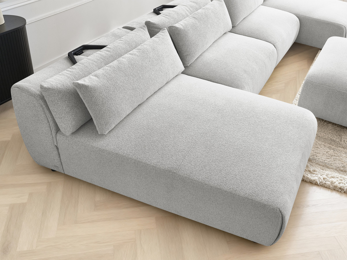 Modulaire vaste panoramabank met hoofdsteunen JANA gemêleerde stof met 2 chaise longues, 2 fauteuils en 1 grote poef