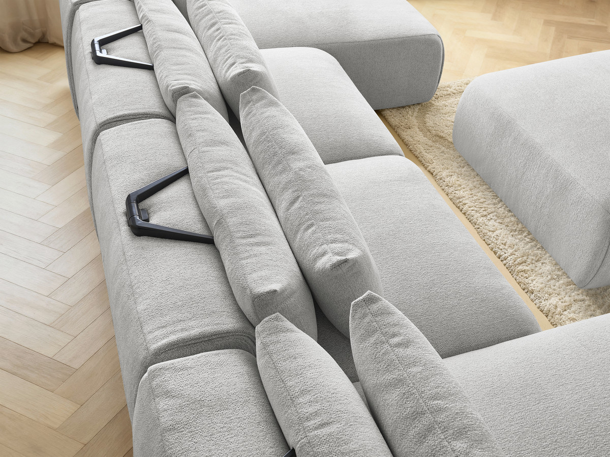 Modulaire vaste panoramabank met hoofdsteunen JANA gemêleerde stof met 2 chaise longues, 2 fauteuils en 1 grote poef