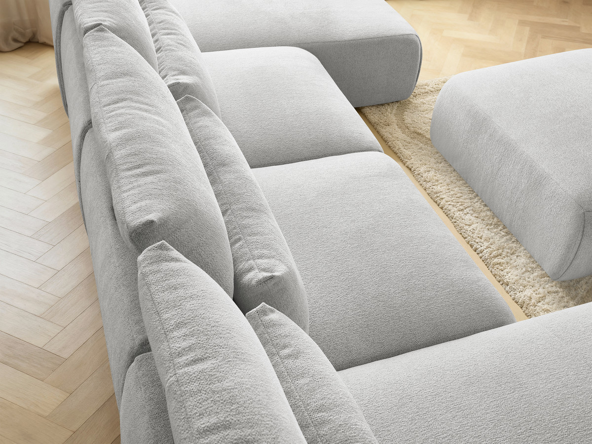 Modulaire vaste panoramabank met hoofdsteunen JANA gemêleerde stof met 2 chaise longues, 2 fauteuils en 1 grote poef