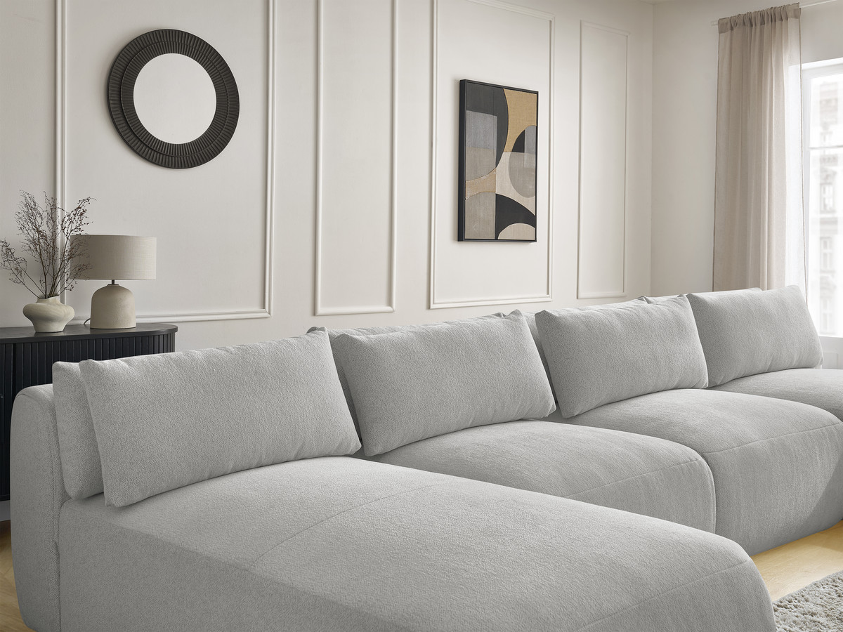 Modulaire vaste panoramabank met hoofdsteunen JANA gemêleerde stof met 2 chaise longues, 2 fauteuils en 1 grote poef