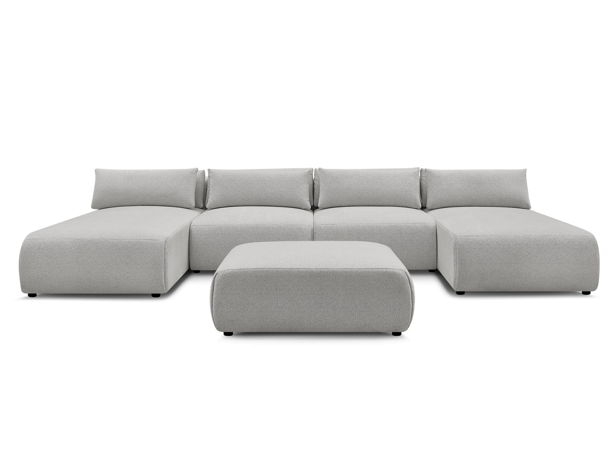 Modulaire vaste panoramabank met hoofdsteunen JANA gemêleerde stof met 2 chaise longues, 2 fauteuils en 1 grote poef