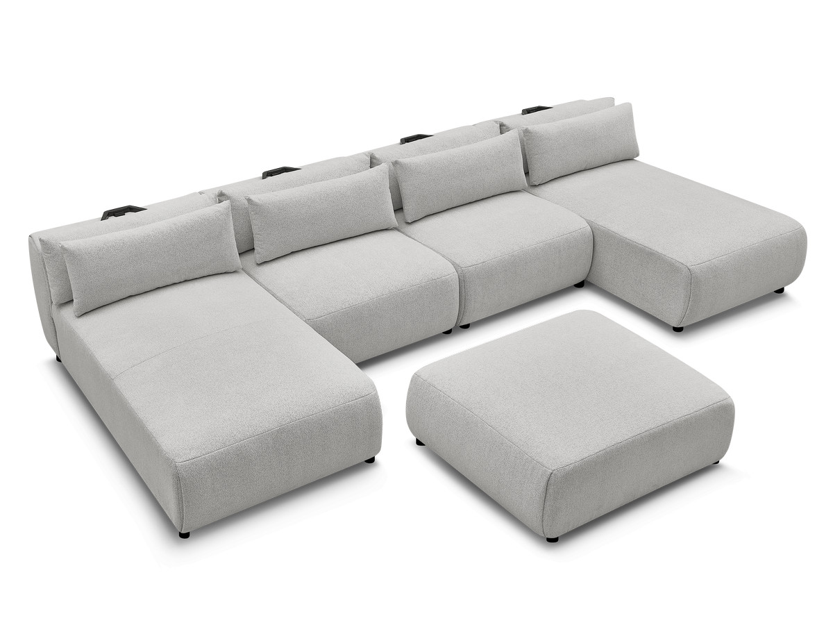 Modulaire vaste panoramabank met hoofdsteunen JANA gemêleerde stof met 2 chaise longues, 2 fauteuils en 1 grote poef