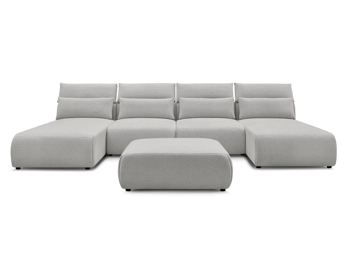 Modulaire vaste panoramabank met hoofdsteunen JANA gemêleerde stof met 2 chaise longues, 2 fauteuils en 1 grote poef