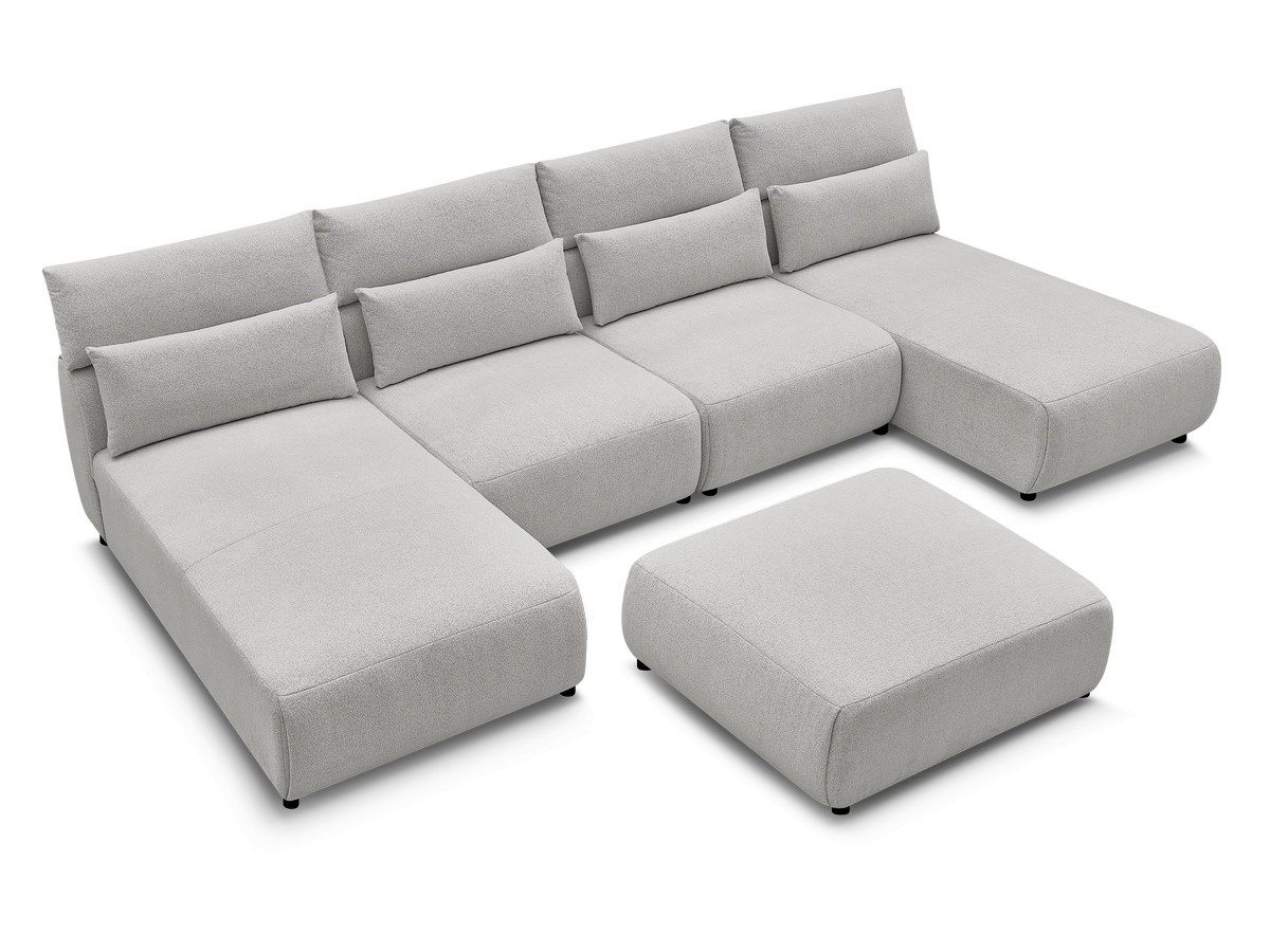 Modulaire vaste panoramabank met hoofdsteunen JANA gemêleerde stof met 2 chaise longues, 2 fauteuils en 1 grote poef
