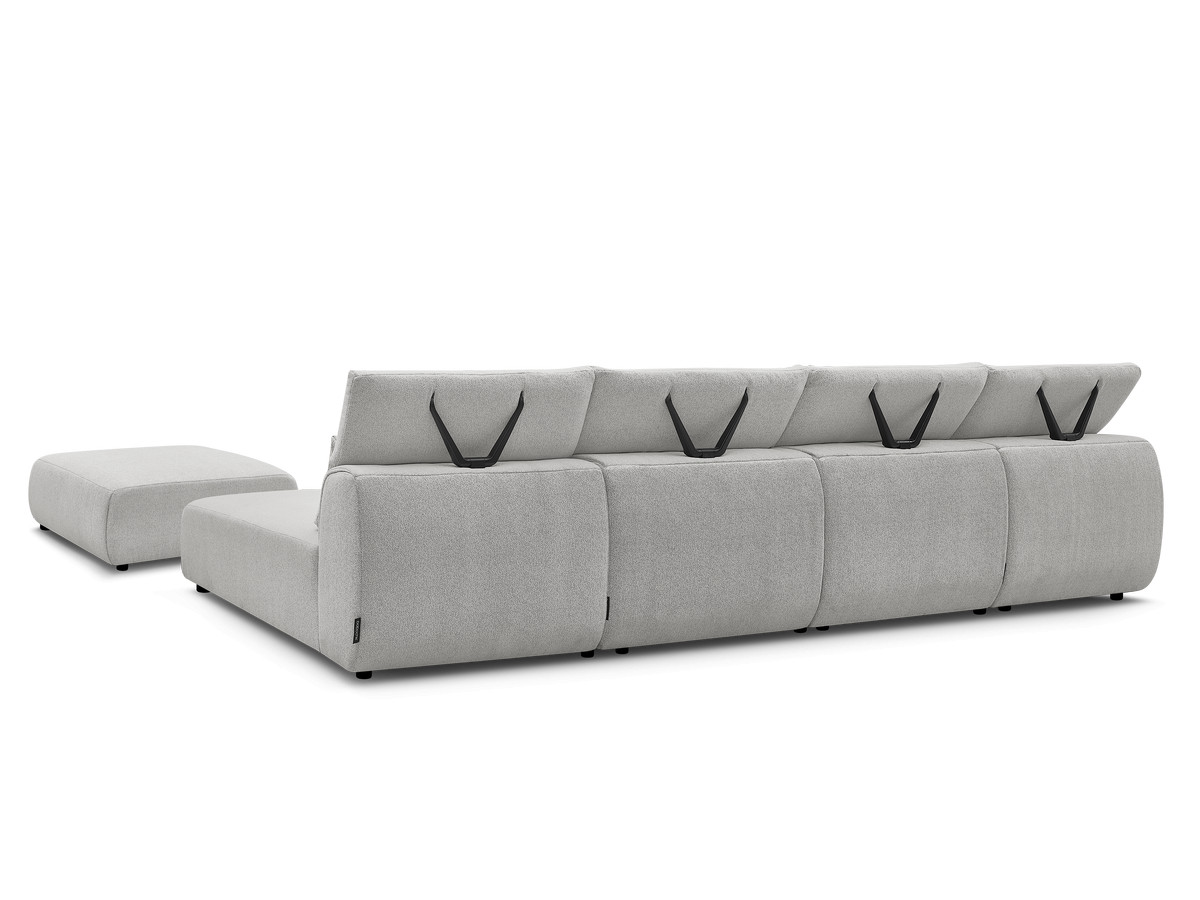 Modulaire vaste panoramabank met hoofdsteunen JANA gemêleerde stof met 2 chaise longues, 2 fauteuils en 1 grote poef
