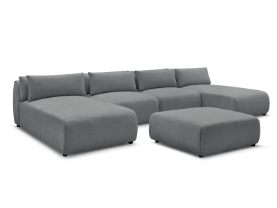 Canapé panoramique fixe modulable avec têtières JANA tissu chiné avec 2 méridiennes, 2 chauffeuses et 1 grand pouf