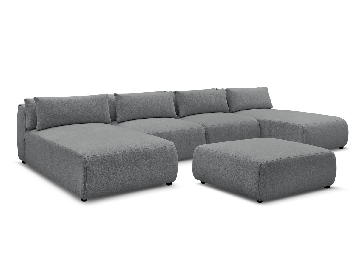 Modulaire vaste panoramabank met hoofdsteunen JANA gemêleerde stof met 2 chaise longues, 2 fauteuils en 1 grote poef