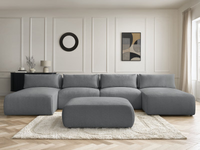Canapé panoramique fixe modulable avec têtières JANA tissu chiné avec 2 méridiennes, 2 chauffeuses et 1 grand pouf