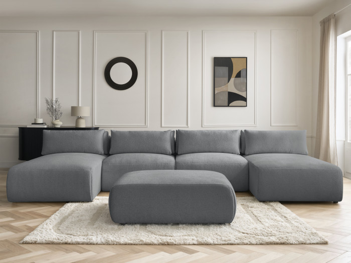 Canapé panoramique fixe modulable avec têtières JANA tissu chiné avec 2 méridiennes, 2 chauffeuses et 1 grand pouf