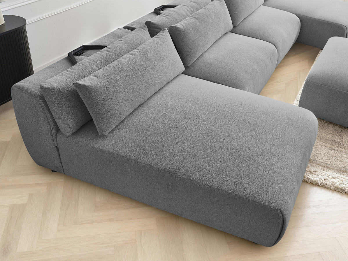 Modulaire vaste panoramabank met hoofdsteunen JANA gemêleerde stof met 2 chaise longues, 2 fauteuils en 1 grote poef