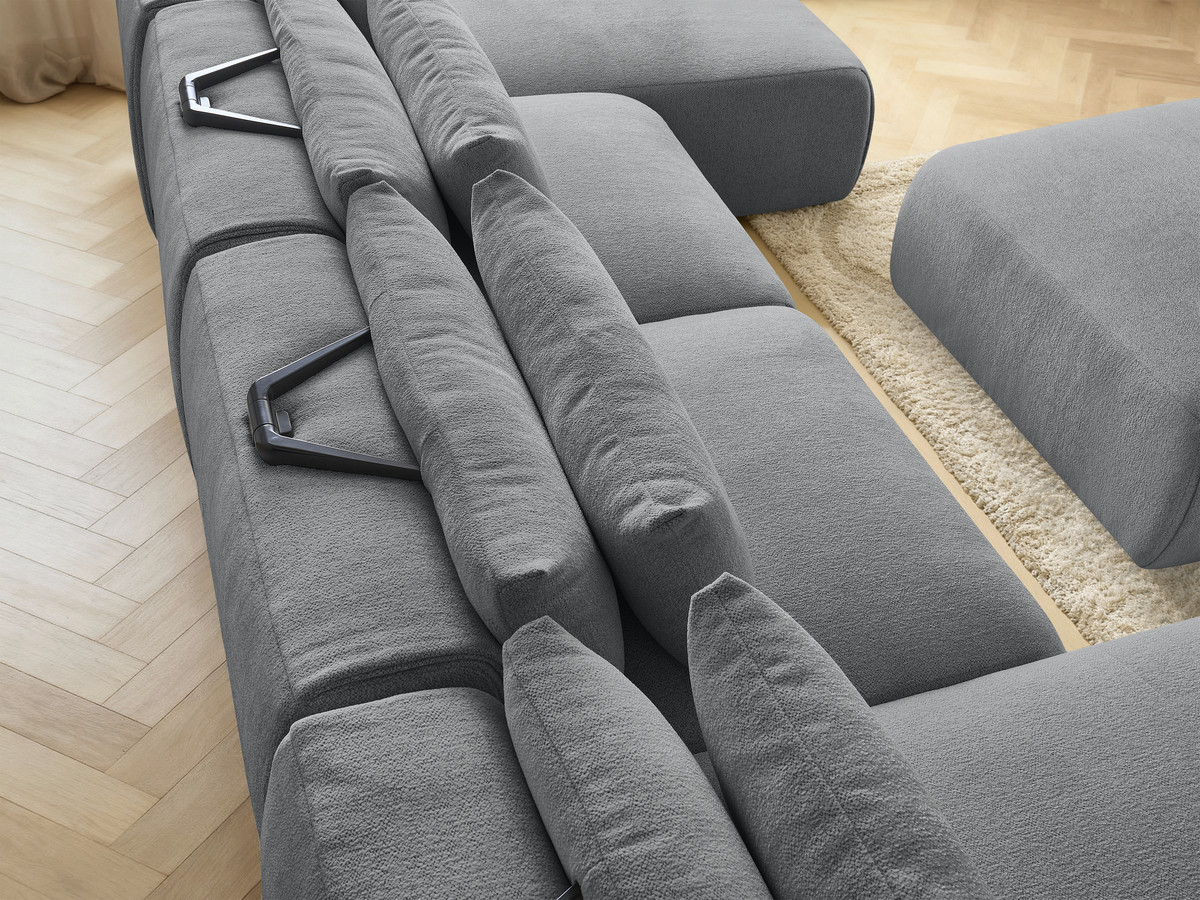 Modulaire vaste panoramabank met hoofdsteunen JANA gemêleerde stof met 2 chaise longues, 2 fauteuils en 1 grote poef