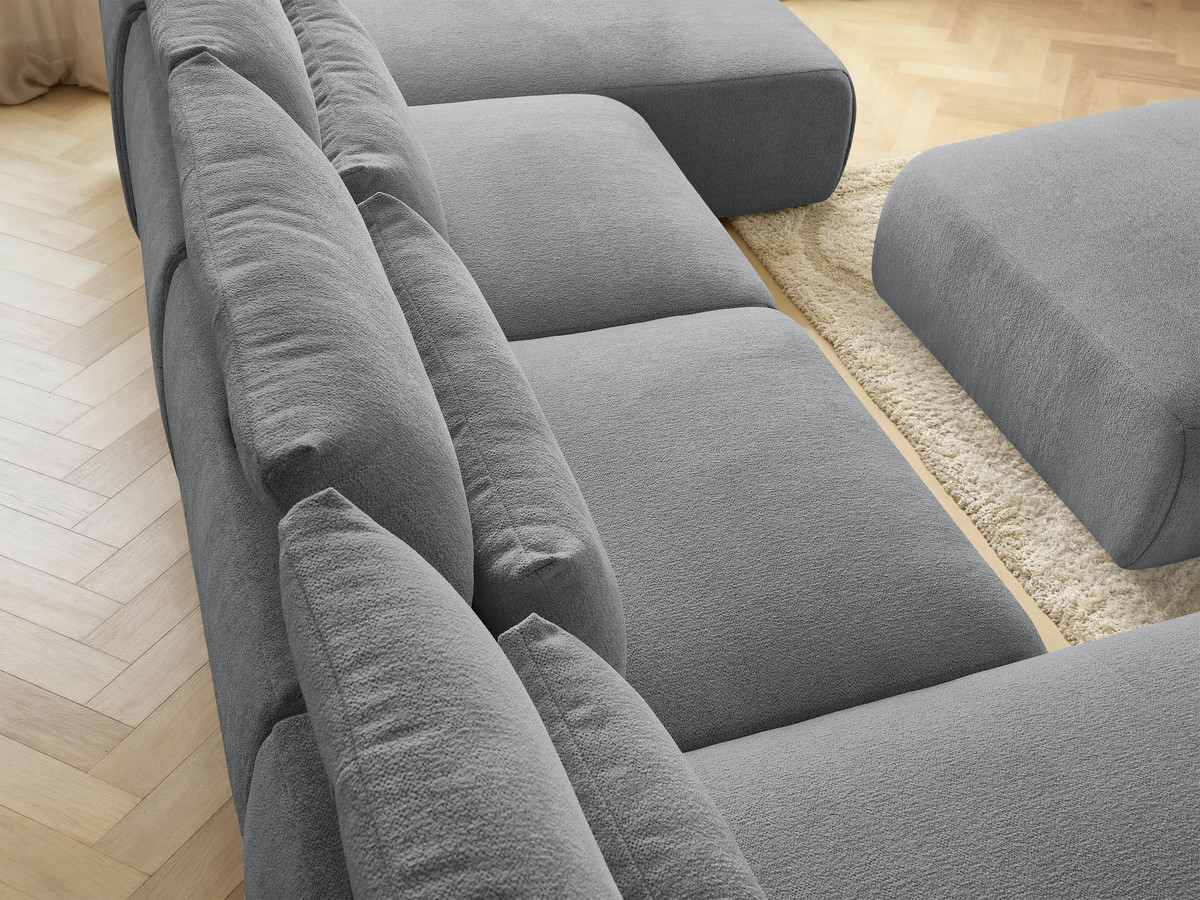 Modulaire vaste panoramabank met hoofdsteunen JANA gemêleerde stof met 2 chaise longues, 2 fauteuils en 1 grote poef