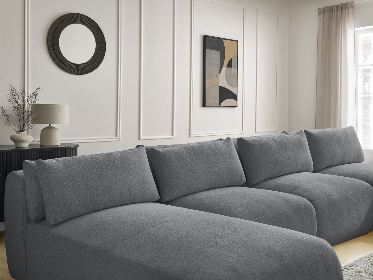 Modulaire vaste panoramabank met hoofdsteunen JANA gemêleerde stof met 2 chaise longues, 2 fauteuils en 1 grote poef