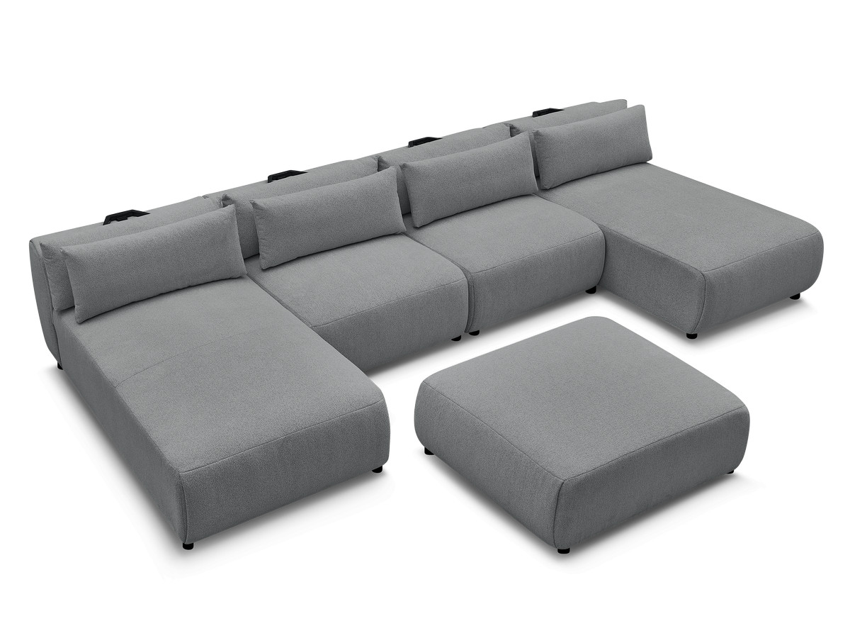 Modulaire vaste panoramabank met hoofdsteunen JANA gemêleerde stof met 2 chaise longues, 2 fauteuils en 1 grote poef