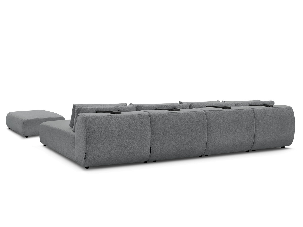 Modulaire vaste panoramabank met hoofdsteunen JANA gemêleerde stof met 2 chaise longues, 2 fauteuils en 1 grote poef