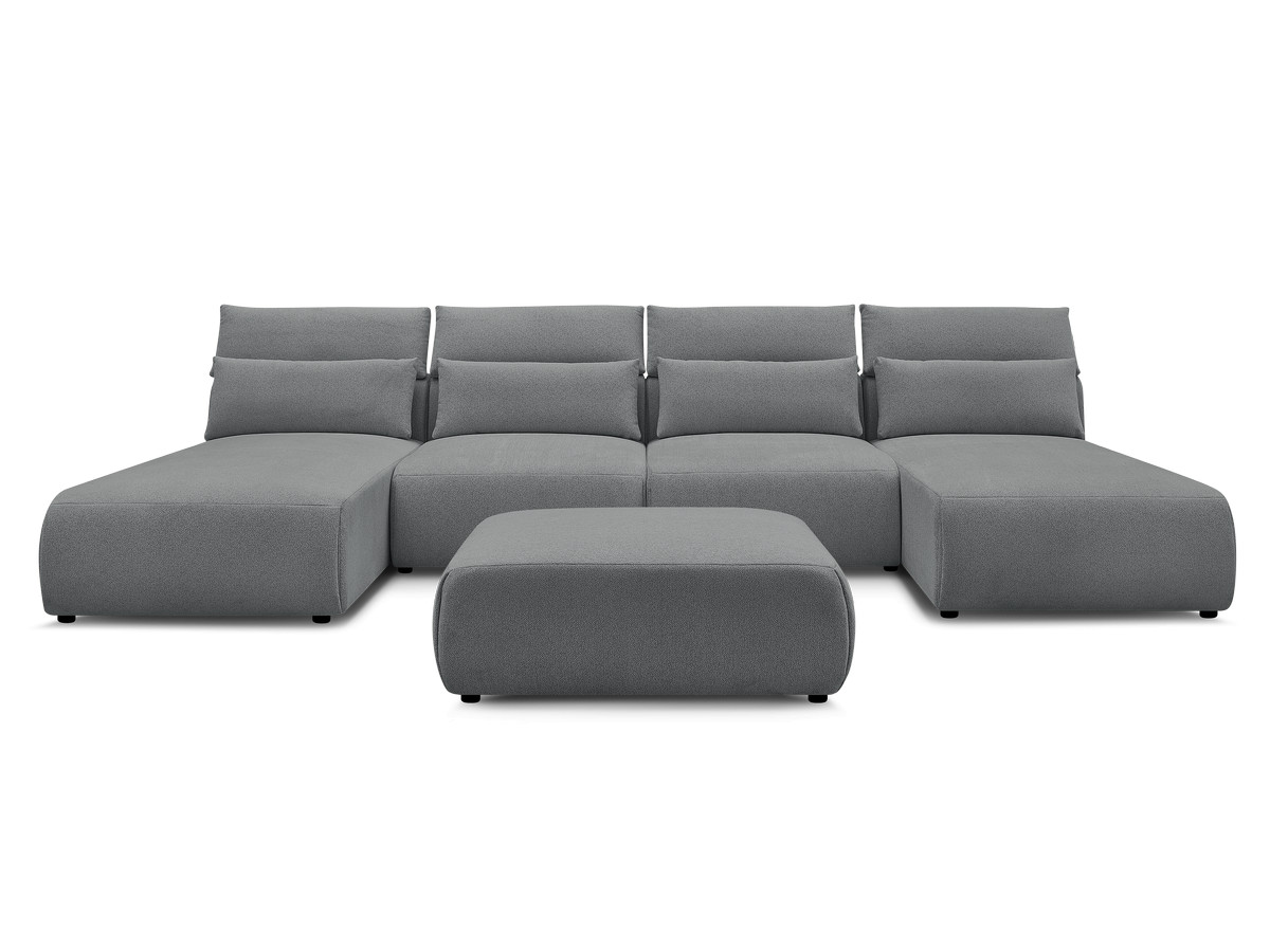 Modulaire vaste panoramabank met hoofdsteunen JANA gemêleerde stof met 2 chaise longues, 2 fauteuils en 1 grote poef