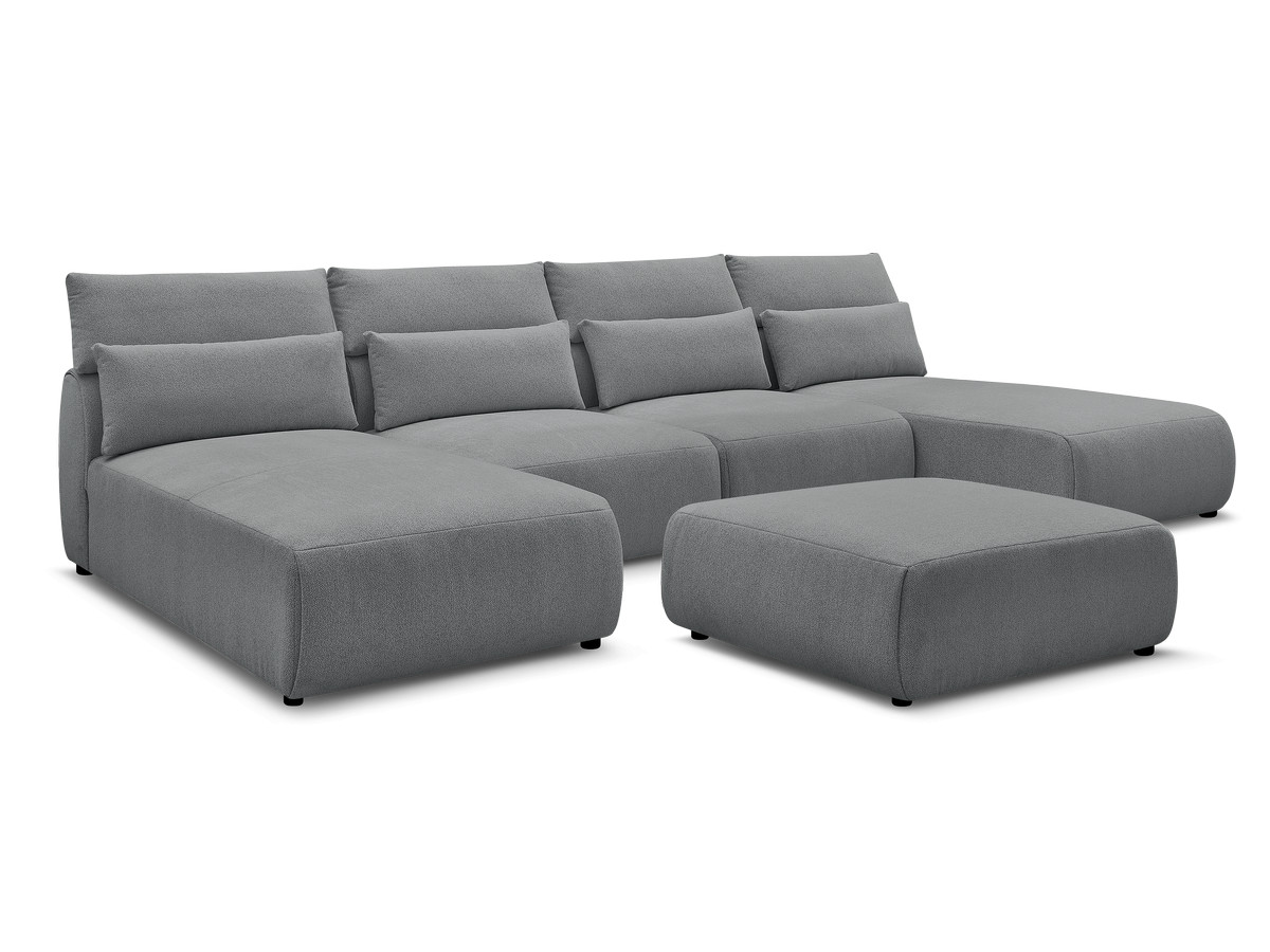 Modulaire vaste panoramabank met hoofdsteunen JANA gemêleerde stof met 2 chaise longues, 2 fauteuils en 1 grote poef