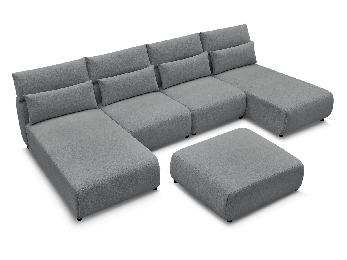 Modulaire vaste panoramabank met hoofdsteunen JANA gemêleerde stof met 2 chaise longues, 2 fauteuils en 1 grote poef