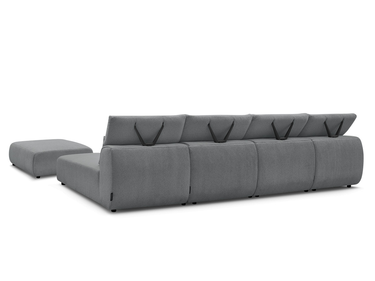 Modulaire vaste panoramabank met hoofdsteunen JANA gemêleerde stof met 2 chaise longues, 2 fauteuils en 1 grote poef