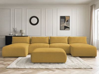 Canapé panoramique fixe modulable avec têtières JANA tissu chiné avec 2 méridiennes, 2 chauffeuses et 1 grand pouf