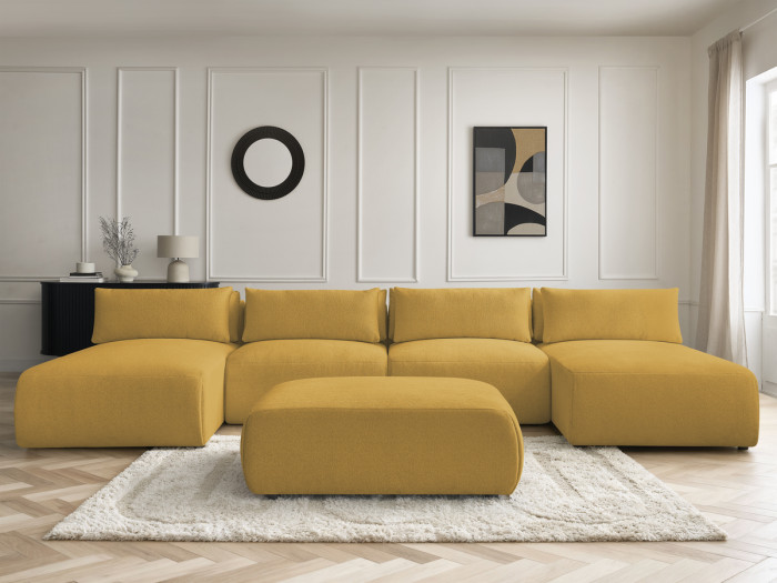 Canapé panoramique fixe modulable avec têtières JANA tissu chiné avec 2 méridiennes, 2 chauffeuses et 1 grand pouf