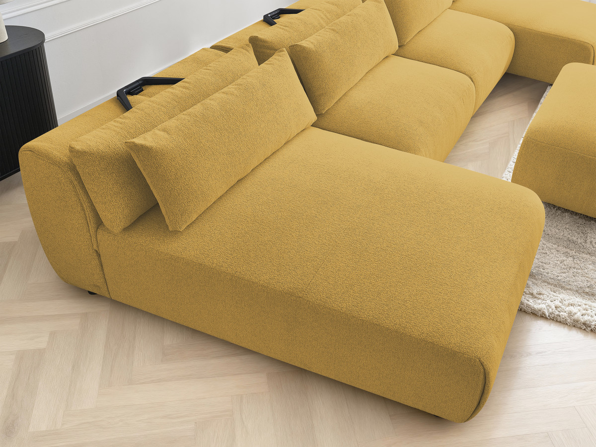 Modulaire vaste panoramabank met hoofdsteunen JANA gemêleerde stof met 2 chaise longues, 2 fauteuils en 1 grote poef