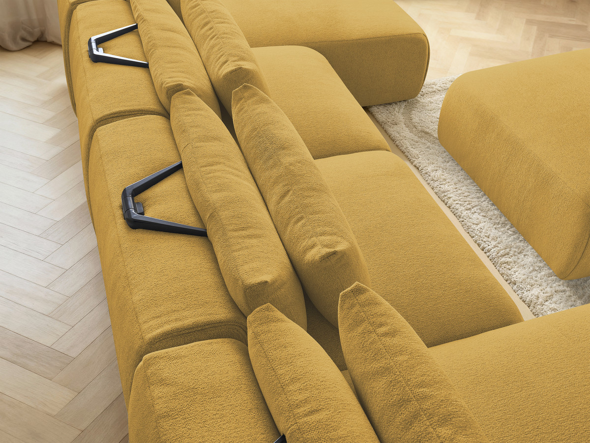 Modulaire vaste panoramabank met hoofdsteunen JANA gemêleerde stof met 2 chaise longues, 2 fauteuils en 1 grote poef