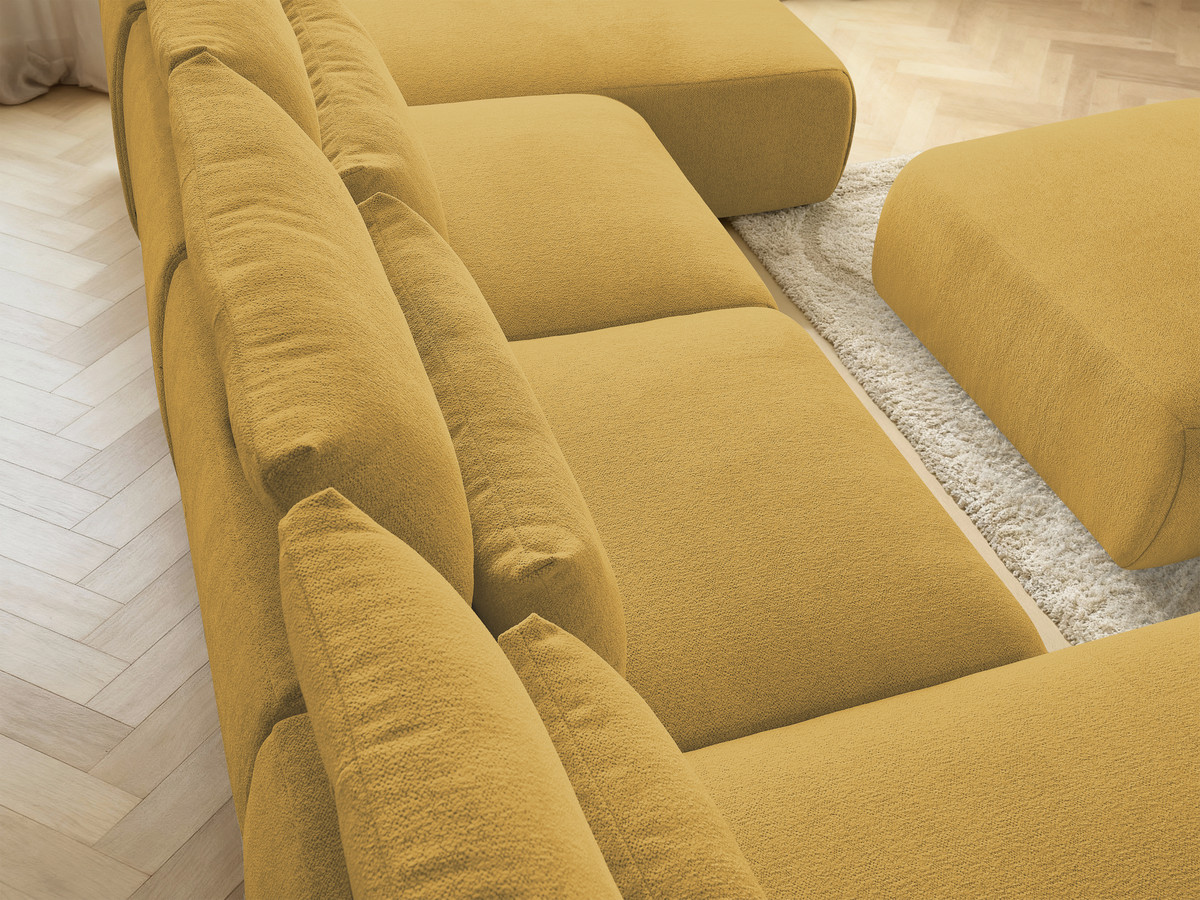 Modulaire vaste panoramabank met hoofdsteunen JANA gemêleerde stof met 2 chaise longues, 2 fauteuils en 1 grote poef