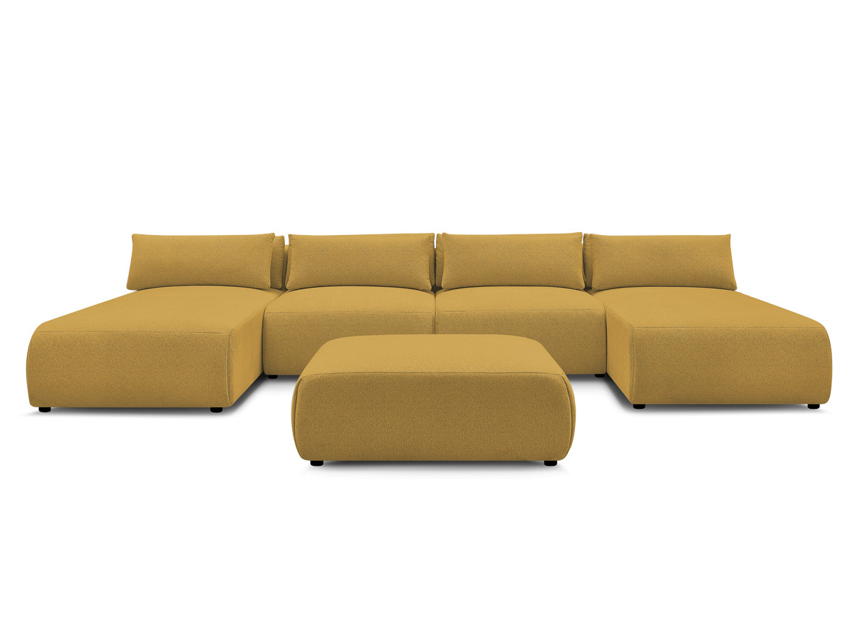 Modulaire vaste panoramabank met hoofdsteunen JANA gemêleerde stof met 2 chaise longues, 2 fauteuils en 1 grote poef