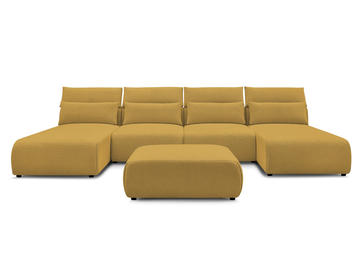 Modulaire vaste panoramabank met hoofdsteunen JANA gemêleerde stof met 2 chaise longues, 2 fauteuils en 1 grote poef