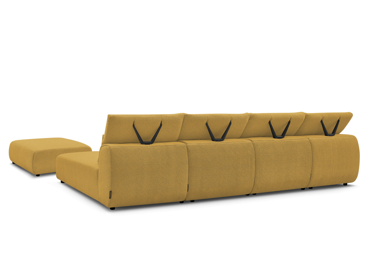 Modulaire vaste panoramabank met hoofdsteunen JANA gemêleerde stof met 2 chaise longues, 2 fauteuils en 1 grote poef
