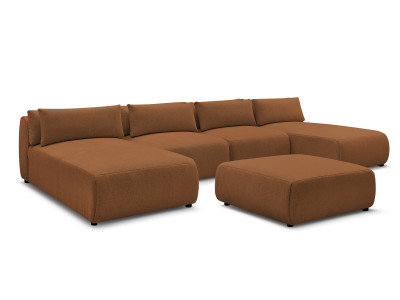 Canapé panoramique fixe modulable avec têtières JANA tissu chiné avec 2 méridiennes, 2 chauffeuses et 1 grand pouf